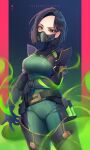  1girl animification bangs black_gloves black_hair bodysuit breasts character_name commentary copyright_name forehead gloves green_bodysuit green_eyes highres long_sleeves looking_at_viewer mask medium_breasts momoirone mouth_mask parted_bangs solo thick_eyebrows valorant viper_(valorant) 