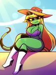  3:4 3_fingers anthro beach big_breasts bikini boots breasts claws clothing collar eliza_(nelljoestar) eyewear female fingers footwear hair hat headgear headwear hi_res iguanid lizard long_hair long_tail looking_at_viewer nelljoestar purple_clothing reptile scalie seaside sharp_teeth shoes solo spiked_collar spikes sunglasses swimwear teeth thick_thighs white_clothing white_footwear white_shoes yellow_claws 