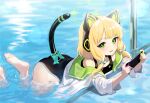  1girl :d absurdres animal_ear_headwear animal_ears ass bada_(jksh5056) bangs bare_shoulders barefoot black_one-piece_swimsuit blonde_hair blue_archive blue_bow blush bow commentary_request day fake_animal_ears green_eyes green_sailor_collar hair_bow halo highres holding long_hair long_sleeves looking_at_viewer midori_(blue_archive) nintendo_switch one-piece_swimsuit open_clothes open_shirt outdoors sailor_collar shirt smile soles solo swimsuit swimsuit_under_clothes tail water white_shirt 