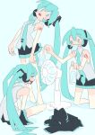 3girls absurdres aqua_hair aqua_nails aqua_necktie bare_arms bare_shoulders between_legs black_skirt blue_eyes blush_stickers clone closed_eyes commentary electric_fan flat_color food food_in_mouth grey_shirt hair_ornament half-closed_eyes hand_between_legs hatsune_miku headphones highres holding holding_food ice_cream_bar kinosuke_(pattaba) kneeling leaning_back long_hair miniskirt mouth_hold multiple_girls nail_polish necktie no_legwear open_mouth pleated_skirt shirt shoulder_tattoo sitting skirt sleeveless sleeveless_shirt sleeves_removed standing tan tanlines tattoo toenail_polish toenails twintails very_long_hair vocaloid wavy_mouth 