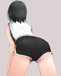  1girl ass basketball black_hair black_shorts breasts facing_away fed_(giba) from_behind grey_background hand_on_own_thigh leaning_forward original shirt short_hair short_shorts shorts simple_background sleeveless sleeveless_shirt solo thighs white_shirt 
