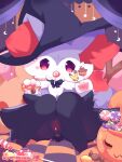  anthro anus black_body braixen candy clothing dessert female food generation_6_pokemon genitals halloween hat headgear headwear hi_res holding_object holidays looking_at_viewer nakimayo nintendo pawpads paws pokemon pokemon_(species) purple_body pussy red_eyes shiny_pokemon solo video_games witch_hat 