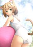  1girl animal_ears ass ball blue_sky cat_ears cat_tail cloud exercise_ball female_child from_behind green_eyes highres light_brown_hair looking_at_viewer looking_back old_school_swimsuit original school_swimsuit shibacha short_hair sky solo swimsuit tail white_one-piece_swimsuit 