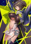  1girl absurdres arms_up azur_lane baltimore_(azur_lane) bangs blue_coat blush breasts brown_hair center_opening clothing_cutout coat highres hooded_coat kaki_z3 large_breasts looking_to_the_side multicolored_coat navel pelvic_curtain short_hair smile stomach_cutout thighhighs thighs underboob underboob_cutout yellow_eyes 