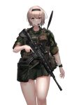  1girl absurdres ammunition_belt assault_rifle bangs bare_legs black_hairband blonde_hair blue_eyes body_armor breasts camouflage camouflage_shirt closed_mouth feet_out_of_frame green_skirt gun h&amp;k_hk416 hairband headset highres holding holding_gun holding_weapon legs light_blush looking_at_viewer medium_breasts military norwegian_flag original rifle rynn_(rynn_cube) shirt short_hair skirt sleeves_rolled_up solo standing tactical_clothes thighs watch weapon white_background 