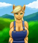  anthro anthrofied applejack_(mlp) big_breasts blonde_hair breasts clothing equid equine female freckles friendship_is_magic green_eyes hair hasbro hi_res huge_breasts mammal my_little_pony overalls solo zachc 