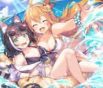  2girls absurdres ahoge animal_ear_fluff animal_ears bead_bracelet beads bikini black_hair blush bracelet braid breasts cat_ears cat_girl cleavage closed_eyes eyewear_on_head flower green_eyes hair_ribbon highres jewelry karyl_(princess_connect!) karyl_(summer)_(princess_connect!) large_breasts long_hair multicolored_hair multiple_girls navel open_mouth orange_hair outdoors pecorine_(princess_connect!) pecorine_(summer)_(princess_connect!) princess_connect! ribbon rose side_braid streaked_hair sunglasses swimsuit takase_kou thigh_strap white_bikini yellow_flower yellow_rose 