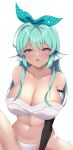  1girl absurdres bare_shoulders blush breasts cleavage cosplay finana_ryugu green_hair head_fins highres large_breasts leon_decarabia long_hair looking_at_viewer mole mole_on_breast navel neck_tattoo nijisanji nijisanji_en open_mouth panties pomu_rainpuff pomu_rainpuff_(cosplay) purple_eyes simple_background skindentation solo tattoo underwear virtual_youtuber white_background white_panties 