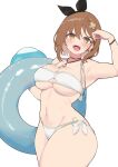  1girl :d absurdres atelier_(series) atelier_ryza atelier_ryza_2 bikini blush braid breasts brown_hair hair_between_eyes hair_ornament highres holding holding_innertube innertube jewelry key_necklace large_breasts looking_at_viewer navel necklace open_mouth reisalin_stout short_hair simple_background smile solo swimsuit teeth thick_thighs thighs upper_teeth wet white_background white_bikini yabai_gorilla yellow_eyes 