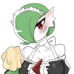  1girl bangs bare_shoulders black_dress blush bob_cut breasts center_frills cheokcheokaksa closed_mouth cloth clothed_pokemon collarbone colored_skin commentary_request detached_collar dress frilled_dress frills gardevoir green_hair green_skin hair_over_one_eye hand_up head_tilt highres holding_cloth korean_commentary looking_at_viewer maid maid_headdress medium_breasts mixed-language_commentary multicolored_skin off-shoulder_dress off_shoulder one_eye_covered pokemon pokemon_(creature) puffy_short_sleeves puffy_sleeves red_eyes shiny shiny_hair short_hair short_sleeves simple_background solo sweat two-tone_skin upper_body white_background white_skin 