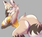  anthro big_butt blush breasts butt canid canine cleavage clothed clothing female fox fur grey_background hi_res looking_at_viewer mammal multicolored_body multicolored_fur simple_background solo solratic 