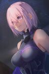  1girl armor armored_dress bangs bare_shoulders black_dress breasts commentary_request dress elbow_gloves eyes_visible_through_hair fate/grand_order fate_(series) gloves hair_between_eyes highres looking_ahead mash_kyrielight medium_hair minestrongzzz night outdoors pink_hair purple_eyes sky smile solo star_(sky) starry_sky straight_hair twitter_username upper_body 