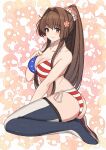  1girl absurdres alternate_costume american_flag_bikini bikini blush breasts brown_eyes brown_hair cleavage closed_mouth collarbone commission flag_print flower full_body hair_between_eyes hair_flower hair_ornament highres kanmiya_shinobu kantai_collection long_hair pink_flower skeb_commission smile solo star_(symbol) star_print striped striped_bikini swimsuit thighhighs very_long_hair yamato_(kancolle) 