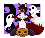  2_tails anthro black_hair breasts canid canine chibi_wings female fox fur hair hi_res holding_breast jack-o&#039;-lantern looking_at_viewer mammal multi_tail red_body red_eyes red_fur solo tongue tongue_out vampire vampybooxo 