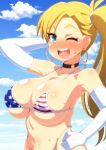  1girl american_flag_bikini aqua_eyes bikini blonde_hair blue_sky breasts calamity_jane_(fate) day earrings elbow_gloves facial_mark fate/grand_order fate_(series) flag_print gloves highres jewelry kani_club large_breasts looking_at_viewer navel one_eye_closed side_ponytail sky smile solo star_(symbol) star_facial_mark star_tattoo swimsuit tattoo white_gloves 