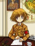  1girl bangs blonde_hair brown_jacket buttons closed_mouth collared_shirt commentary_request envelope glasses holding holding_pen indoors jacket kugi_miyachuu long_sleeves looking_at_viewer map md5_mismatch military military_uniform nazi necktie paper pen portrait_(object) shirt short_hair smile solo to_heart_2 uniform upper_body white_shirt writing yamada_michiru 