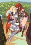  2boys 2girls armor black_gloves blush boots breastplate cape chair commentary_request dress earrings edelgard_von_hresvelg ferdinand_von_aegir fire_emblem fire_emblem:_three_houses fire_emblem_warriors:_three_hopes forehead gloves greaves green_little high_heels hubert_von_vestra jewelry juliet_sleeves long_hair long_sleeves monica_von_ochs multiple_boys multiple_girls official_alternate_costume official_alternate_hairstyle out_of_frame outdoors pink_dress pouch puffy_sleeves purple_eyes red_cape red_hair sitting standing teapot thighhighs white_hair 