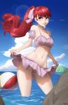  1girl absurdres artist_name ball beachball bikini bikini_skirt blue_sky breasts cloud collarbone commentary english_commentary floating_hair frilled_bikini frills grin hair_ribbon highres lips long_hair looking_away medium_breasts navel ocean outdoors parted_lips partially_submerged persona persona_5 persona_5_the_royal pink_bikini pink_lips pink_ribbon pink_skirt ponytail red_eyes red_hair ribbon skirt skirt_hold sky smile solo stomach sunlight swimsuit water x_xith_x yoshizawa_kasumi 