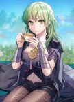 1girl armor bangs black_armor black_coat black_shorts blue_sky breasts brown_pantyhose bustier byleth_(fire_emblem) byleth_(fire_emblem)_(female) closed_mouth clothing_cutout coat commentary_request cup day enlightened_byleth_(female) fire_emblem fire_emblem:_three_houses flower green_eyes green_hair holding holding_cup long_hair looking_at_viewer medium_breasts navel navel_cutout outdoors pantyhose pink_flower plant purple_flower short_shorts shorts sitting sky smile solo sunlight tea teacup twitter_username yamigo 