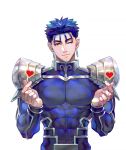  1boy armor blue_bodysuit blue_hair bodysuit cu_chulainn_(fate) cu_chulainn_(fate/stay_night) earrings fate/stay_night fate_(series) hair_strand heart heart_hands jewelry kim_yura_(goddess_mechanic) male_focus muscular muscular_male one_eye_closed red_eyes shoulder_armor smile solo upper_body white_background 