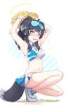  1girl absurdres armpits arms_up bangs bare_shoulders batazungharn black_hair blue_archive blue_eyes blue_ribbon blush breasts cheerleader eyewear_on_head flying_sweatdrops goggles goggles_on_head hibiki_(blue_archive) hibiki_(cheerleader)_(blue_archive) highres long_hair looking_at_viewer medium_breasts medium_hair miniskirt multicolored_hair navel open_mouth pom_pom_(cheerleading) ribbon shoes skirt sneakers squatting thighs white_skirt 