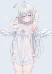  1girl absurdres angel angel_wings babydoll blue_eyes blush breasts hair_between_eyes halo highres long_hair looking_at_viewer no_bra original panties shano_hiyori simple_background solo thighhighs underwear white_hair white_panties wings 