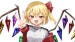  1girl alternate_costume blonde_hair blush crystal fang flandre_scarlet hair_between_eyes highres jacket masho_makamaka no_headwear one_side_up open_mouth red_eyes solo touhou upper_body white_background wings 