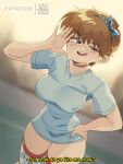  1girl :d alternate_hair_length alternate_hairstyle artist_self-insert blue_shirt bluethebone bluethebone_(character) blurry blurry_background breasts brown_eyes brown_hair commentary covered_nipples english_commentary english_text hairband hand_up hands_on_hips highres large_breasts looking_at_viewer meme no_pants open_mouth original pajamas_challenge_(meme) polka_dot polka_dot_legwear polka_dot_thighhighs retro_artstyle shirt short_hair smile smug solo subtitled t-shirt taut_clothes teeth thighhighs tongue tongue_out uneven_eyes upper_teeth 