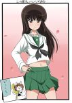  1girl absurdres bangs black_border black_eyes black_hair black_neckerchief blouse blunt_bangs border closed_mouth commentary corded_phone cowboy_shot denwa_neko fusion girls_und_panzer green_skirt hand_on_hip highres holding holding_phone long_hair long_sleeves looking_at_viewer mature_female meme midriff miniskirt navel neckerchief nishizumi_miho nishizumi_shiho ooarai_school_uniform original petals phone pleated_skirt sailor_collar school_uniform serafuku shirt skirt smile standing straight_hair talking_on_phone translated wakku_kan white_sailor_collar white_shirt wind 