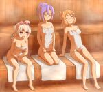  3girls bare_arms bare_legs barefoot between_legs blue_hair bow breasts brown_hair cleavage closed_eyes closed_mouth collarbone full_body hair_bow hand_between_legs highres kazanari_tsubasa kneeling leaning_back leaning_forward long_hair medium_breasts medium_hair multiple_girls naked_towel open_mouth pink_bow ponytail sauna senki_zesshou_symphogear shiny shiny_hair sitting small_breasts smile steam sweatdrop tachibana_hibiki_(symphogear) towel wavy_mouth white_hair yakatsu yukine_chris 