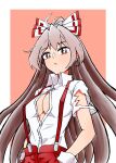  1girl absurdres bow breasts bright_pupils buttons cleavage collared_shirt fujiwara_no_mokou grey_hair gurajio hair_bow highres large_breasts letterboxed long_hair looking_at_viewer open_mouth orange_background pants red_eyes red_pants shirt short_sleeves simple_background solo suspenders torn_clothes torn_sleeves touhou white_pupils white_shirt 