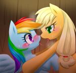  2014 applejack_(mlp) blonde_hair blue_body blush bodily_fluids digital_media_(artwork) duo earth_pony equid equine eyelashes female female/female feral feral_on_feral friendship_is_magic green_eyes hair hasbro hashioaryut horse kissing lidded_eyes looking_at_another mammal multicolored_hair my_little_pony orange_body pony purple_eyes rainbow_dash_(mlp) rainbow_hair saliva saliva_string sweat sweatdrop tongue tongue_out wings 