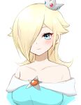  1girl aqua_eyes bare_shoulders blonde_hair blue_dress blush brooch closed_mouth crown dress earrings hair_ornament highres jewelry long_hair looking_at_viewer mario_(series) rosalina shiny shiny_hair solo super_mario_galaxy super_mario_galaxy_2 super_smash_bros. tomatomiya upper_body 