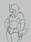  anthro beverage_can bottomwear bulge canid canine canis chase_(outtabellets) clothing covered_eyes crop_top cutoffs daisy_dukes denim denim_clothing domestic_dog hair hotpants long_hair male mammal muscular muscular_male outtabellets shirt shorts solo topwear 