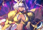  1girl armor azusa_(hws) bikini black_bikini blue_eyes body_markings breasts caenis_(fate) chain cleavage crown dark-skinned_female dark_skin fate/grand_order fate_(series) faulds forehead_protector gold_armor hair_intakes looking_at_viewer navel official_art polearm shoulder_plates solo swimsuit tattoo weapon white_hair white_nails 