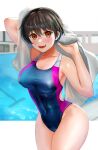  1girl black_hair blue_one-piece_swimsuit breasts brown_eyes commentary_request competition_swimsuit covered_navel cowboy_shot fang highres large_breasts looking_at_viewer medium-rare multicolored_clothes multicolored_swimsuit one-piece_swimsuit open_mouth original pool short_hair solo swimsuit teeth towel upper_teeth 