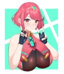  1girl bangs black_gloves blush border breasts chest_jewel closed_mouth commentary_request cropped_torso double_v fingerless_gloves gem gloves green_background hands_up highres huge_breasts looking_at_viewer medium_hair nayutayutautau official_alternate_costume pyra_(pro_swimmer)_(xenoblade) pyra_(xenoblade) red_eyes red_hair sidelocks sleeveless smile solo swept_bangs tiara upper_body v white_border xenoblade_chronicles_(series) xenoblade_chronicles_2 