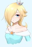  1girl aqua_eyes bare_shoulders blonde_hair blue_background blue_dress blush brooch closed_mouth crown dress earrings hair_ornament highres jewelry long_hair looking_at_viewer mario_(series) rosalina shiny shiny_hair solo super_mario_galaxy super_mario_galaxy_2 super_smash_bros. tomatomiya upper_body 