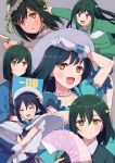  1girl absurdres aged_down bangs birthday blush closed_eyes collarbone commentary cream_(nipakupa) dark_green_hair earrings emotion_(love_live!) fang folding_fan gloves grey_background hair_ribbon hand_fan hat highres jewelry ketsui_no_hikari long_hair looking_at_viewer love_live! love_live!_nijigasaki_high_school_idol_club mifune_shioriko multiple_views necklace nijigasaki_academy_school_uniform one_side_up ribbon school_uniform short_hair sidelocks smile upper_body white_gloves yellow_eyes 