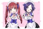  2girls blue_eyes blue_hair blush border bow bowtie breasts brown_eyes brown_hair extra frills hair_ribbon hanazono_yurine heart heart_hands heart_hands_duo highres hihkunhihkun jashin-chan_dropkick long_hair maid maid_headdress multiple_girls one_eye_closed open_mouth pink_background pink_bow pink_bowtie ribbon shiny shiny_hair short_hair simple_background small_breasts smile twintails upper_body white_border 