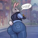  1:1 anthro big_butt bigratjoe bottomwear butt clothed clothing curvy_figure denim dialogue disney female fully_clothed fur grey_body grey_fur hi_res huge_butt judy_hopps looking_at_viewer looking_back police_officer police_uniform purple_eyes simple_background solo speech_bubble thick_thighs topwear uniform vest zootopia 