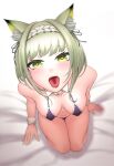  1girl absurdres animal_ears arknights bare_shoulders bed_sheet black_bra black_panties blush bra breasts cat_ears cleavage collarbone da39123 detached_collar frilled_bra frills from_above full_body green_eyes green_hair heart heart-shaped_pupils highres kal&#039;tsit_(arknights) large_breasts looking_at_viewer looking_up navel open_mouth panties saliva seiza short_hair sitting solo symbol-shaped_pupils tongue tongue_out underwear underwear_only wrist_cuffs 