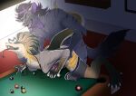  absurd_res anthro billiards clothed clothing doggystyle duo facial_piercing from_behind_position fur furry hi_res hyaenid long_tail male male/male mammal markings misscurlyhead_(artist) neck_grab nose_piercing partially_clothed piercing public public_sex purple_body purple_fur reptile scalie sex snake sudz 