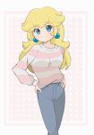  1girl alternate_costume aqua_eyes blonde_hair blue_eyes blue_pants blush border casual chocomiru closed_mouth crown crown_removed denim earrings eyebrows_hidden_by_hair highres jeans jewelry long_hair looking_at_viewer mario_(series) non-web_source pants pink_stripes polka_dot polka_dot_background princess_peach shirt smile solo source_request striped striped_shirt white_border 