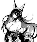  1girl alternate_costume animal_ear_fluff animal_ears apron azur_lane azur_lane:_slow_ahead blush breasts cleavage closed_mouth enmaided frilled_apron frills greyscale highres hori_(hori_no_su) huge_breasts japanese_clothes kimono large_breasts long_hair long_sleeves maid maid_apron maid_headdress monochrome musashi_(azur_lane) musashi_(violet_moonglow)_(azur_lane) off_shoulder official_art smile very_long_hair 
