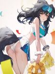  1girl absurdres animal_ears ass black_hair blue_archive blue_eyes breasts cheerleader cowboy_shot crop_top dog_ears dog_girl dog_tail eyewear_on_head floating_hair from_behind goggles goggles_on_head halo hibiki_(blue_archive) hibiki_(cheerleader)_(blue_archive) highres holding holding_pom_poms josal large_breasts leaning_forward long_hair midriff miniskirt official_alternate_costume open_mouth panties pantyshot pleated_skirt pom_pom_(cheerleading) simple_background skirt solo sweat tail underwear white_background white_panties white_skirt 