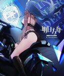  1girl arknights black_bra black_footwear black_panties black_sleeves boots bra breasts copyright_name detached_sleeves floating_hair green_hair ground_vehicle horns hoshiguma_(arknights) knee_boots long_hair mang_(0_felicidades) medium_breasts motor_vehicle motorcycle oni_horns panties pixiv_id single_detached_sleeve single_horn solo underwear very_long_hair 