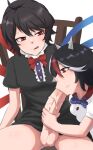  2girls :&gt;= ahoge asymmetrical_wings bangs black_dress black_hair blue_bow blue_bowtie blue_wings bottomless bow bowtie breasts bunsuirei center_frills chair dress erection fellatio frills futa_with_female futanari highres horns houjuu_nue kijin_seija licking_lips looking_at_another multicolored_hair multiple_girls oral penis red_bow red_bowtie red_eyes red_hair red_wings short_dress short_hair sitting small_breasts smile testicles tongue tongue_out touhou veins veiny_penis white_dress white_hair wings 