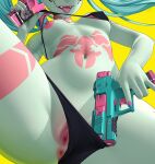  1girl anus aqua_hair bare_shoulders bikini_lift bikini_pull blue_nails breasts censored clothes_lift clothes_pull colored_skin cyberpunk_(series) cyberpunk_edgerunners fangs fingernails from_below grey_skin gun head_out_of_frame holding holding_gun holding_weapon leg_tattoo lifted_by_self long_fingernails long_hair lucknight medium_breasts mosaic_censoring nail_polish navel nipples open_mouth pink_nails pulled_by_self pussy rebecca_(cyberpunk) simple_background solo spread_legs stomach stomach_tattoo tattoo tongue tongue_out trigger_discipline twintails weapon yellow_background 