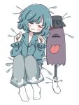  1girl blue_hair closed_eyes closed_mouth facing_viewer heterochromia karakasa_obake lying on_back on_bed pajamas purple_umbrella salt_(seasoning) short_hair sleeping socks solo tatara_kogasa tongue tongue_out touhou umbrella white_socks 